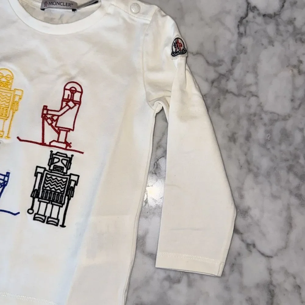 Moncler White and Yellow Long Sleeve Tee with Graphic Print 18/24M